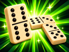 Dominoes game: large ivory tiles with black pips against a bright green cartoon burst