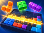 Block Boom game: colourful puzzle pieces above an 8×8 board with a clearing line of blocks