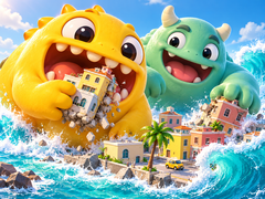Portada de Marea de monstruos 3D: monstruos amarillo y verde menta devorando casas entre olas