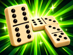 Dominoes game: large ivory tiles with black pips against a bright green cartoon burst